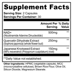Supplement facts label with NAD+, Quercetin Dihydrate Extract, and Japanese Knotweed Extract listed.