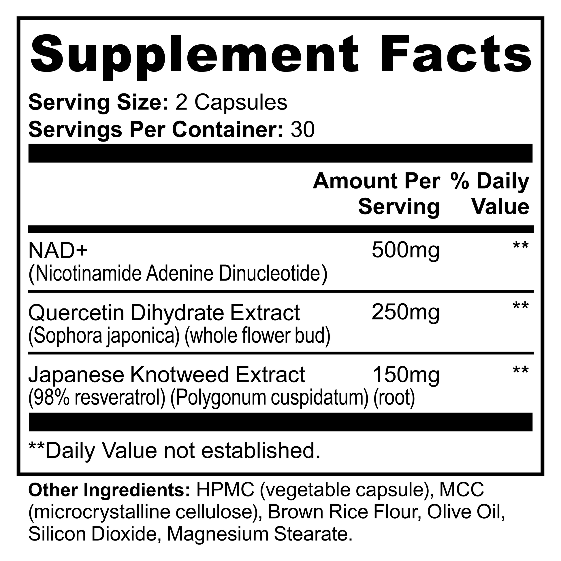 Supplement facts label with NAD+, Quercetin Dihydrate Extract, and Japanese Knotweed Extract listed.