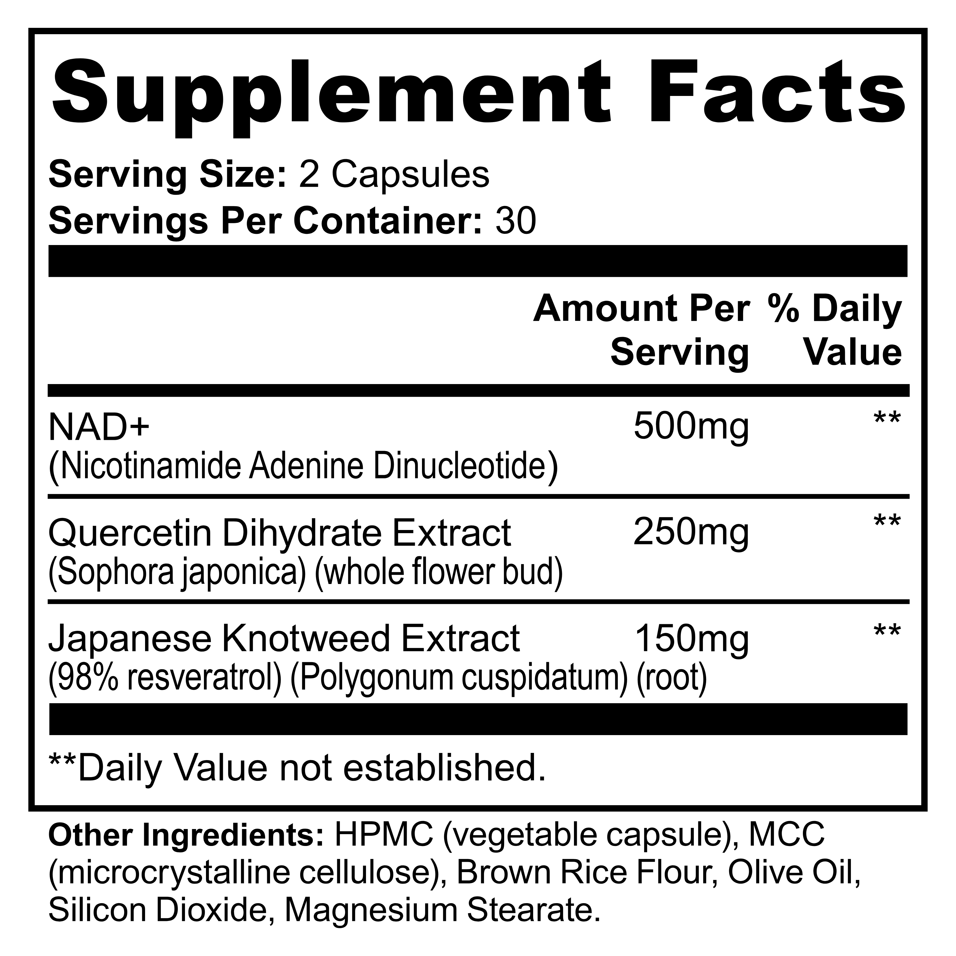 Supplement facts label with NAD+, Quercetin Dihydrate Extract, and Japanese Knotweed Extract listed.